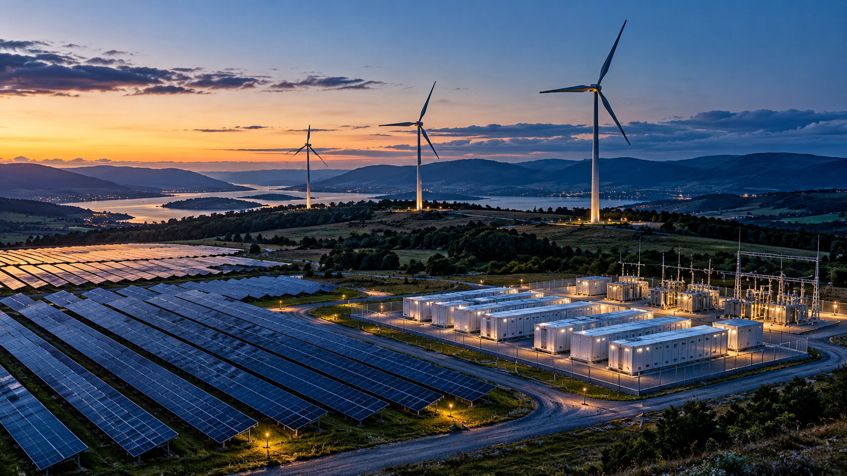 Peisaj ilustrativ cu producție solară, eoliană și stocare de energie