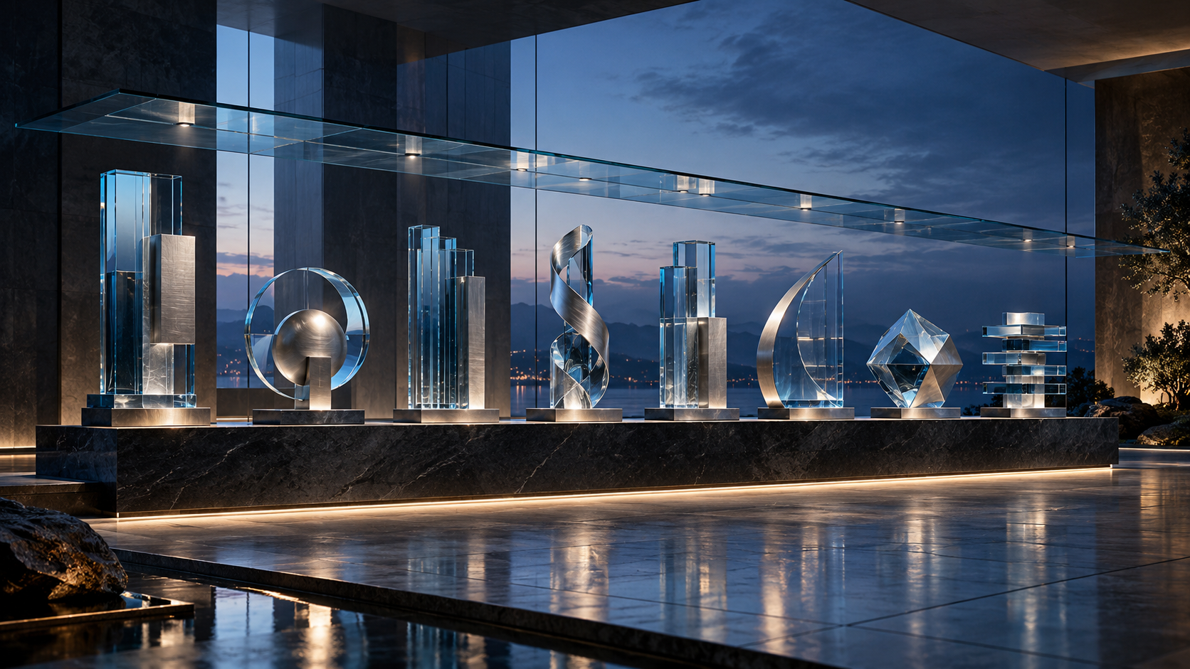 Opt structuri sculpturale din sticlă și metal într-o galerie arhitecturală.